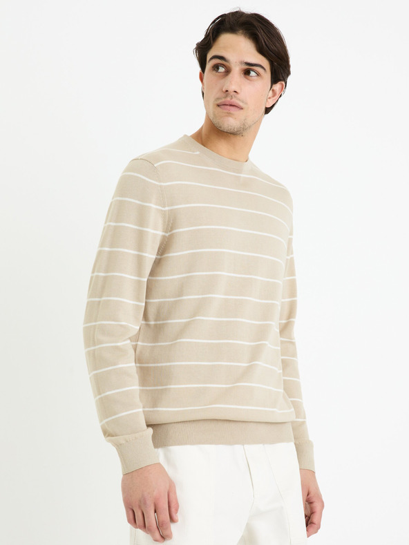 Celio Béžový pánský pruhovaný basic svetr Celio Decoton