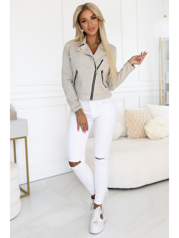 numoco Semišová motorkářská bunda s dlouhým rukávem a zipy - světle béžová