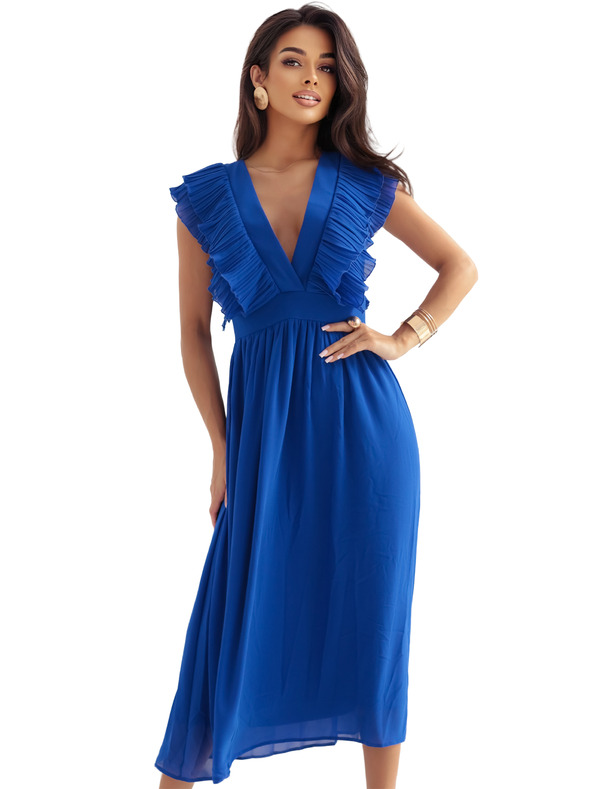 numoco Midi šaty YANA s plisovanými volánky a výstřihem - chrpově modré