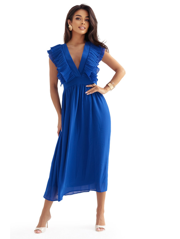 numoco Midi šaty YANA s plisovanými volánky a výstřihem - chrpově modré