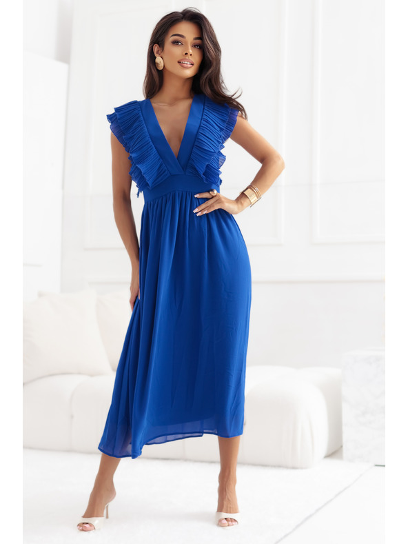 numoco Midi šaty YANA s plisovanými volánky a výstřihem - chrpově modré