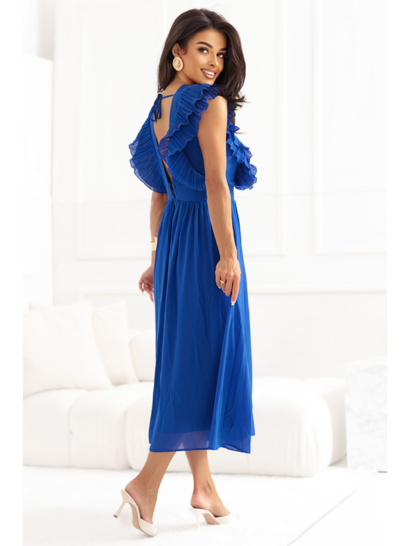 numoco Midi šaty YANA s plisovanými volánky a výstřihem - chrpově modré