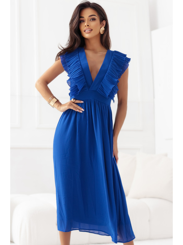 numoco Midi šaty YANA s plisovanými volánky a výstřihem - chrpově modré