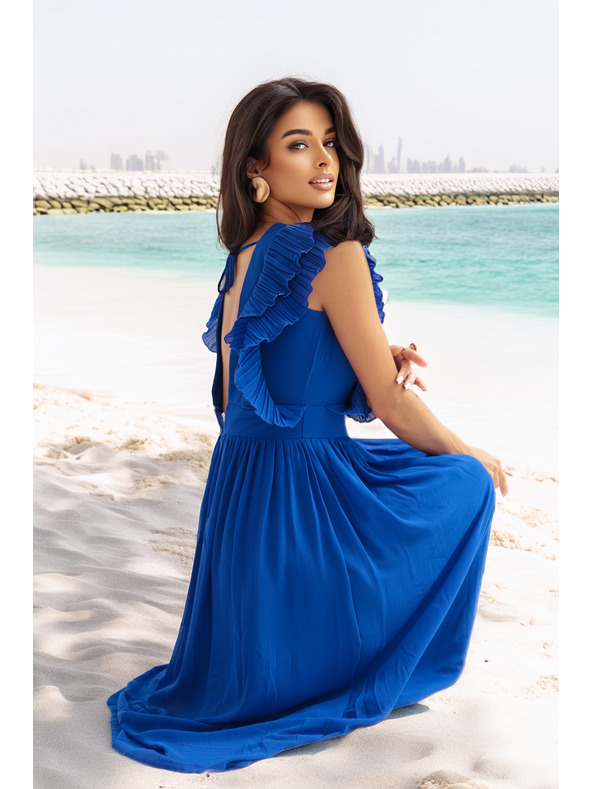 numoco Midi šaty YANA s plisovanými volánky a výstřihem - chrpově modré