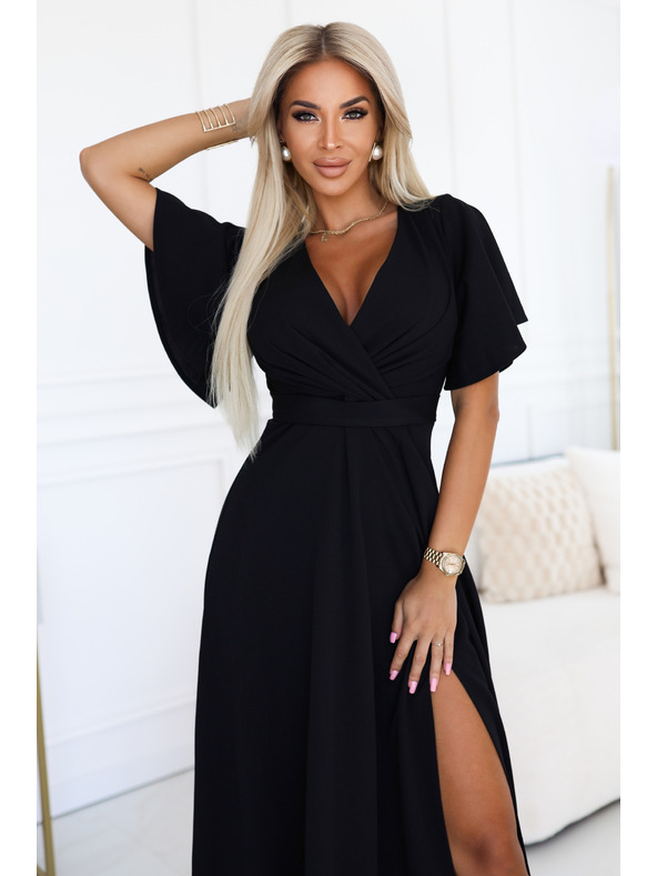 numoco Dlouhé šaty JENNIFER s rozparkem - černé