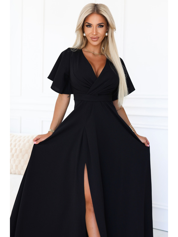 numoco Dlouhé šaty JENNIFER s rozparkem - černé
