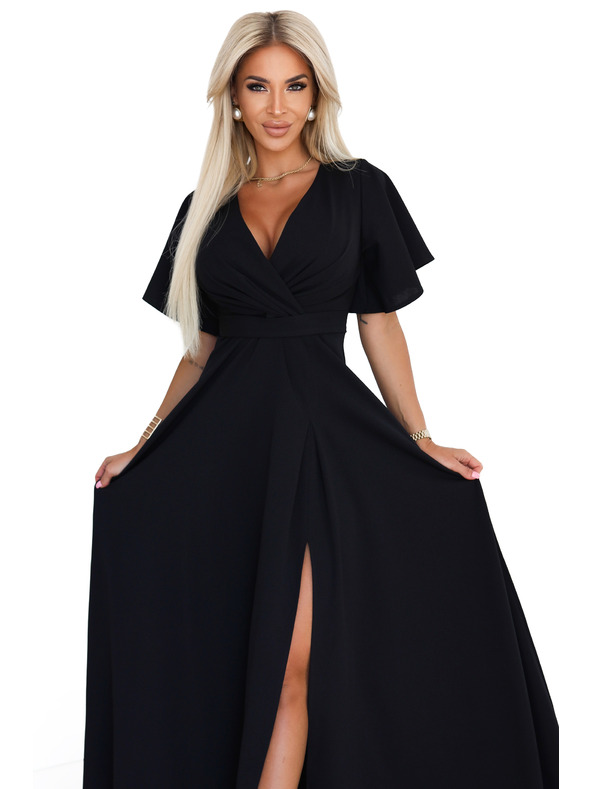 numoco Dlouhé šaty JENNIFER s rozparkem - černé