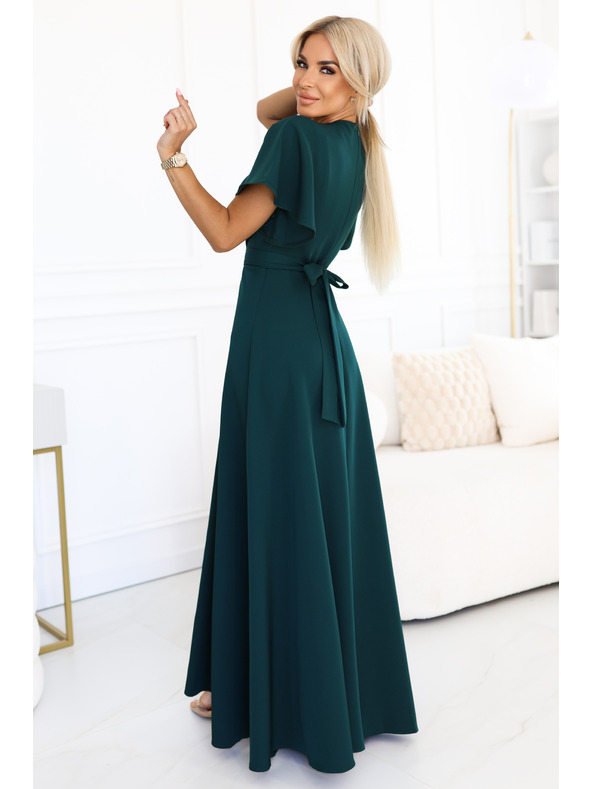 numoco Dlouhé šaty JENNIFER s rozparkem - lahvově zelené