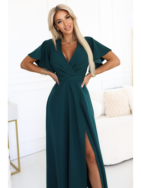 numoco Dlouhé šaty JENNIFER s rozparkem - lahvově zelené