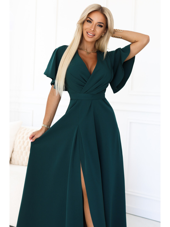 numoco Dlouhé šaty JENNIFER s rozparkem - lahvově zelené