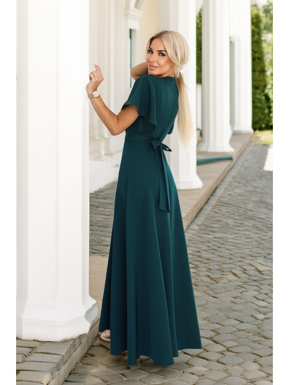 numoco Dlouhé šaty JENNIFER s rozparkem - lahvově zelené