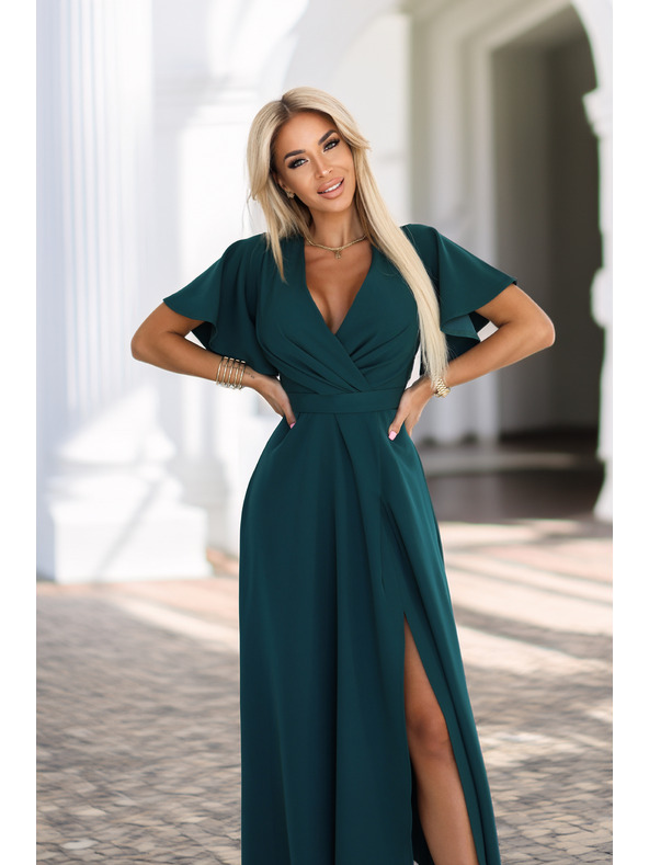 numoco Dlouhé šaty JENNIFER s rozparkem - lahvově zelené