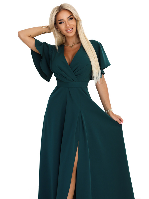 numoco Dlouhé šaty JENNIFER s rozparkem - lahvově zelené