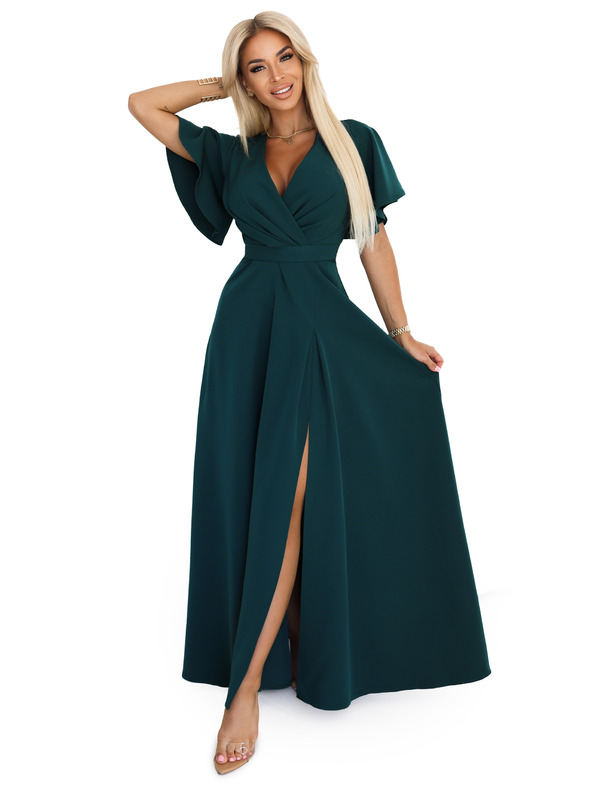 numoco Dlouhé šaty JENNIFER s rozparkem - lahvově zelené