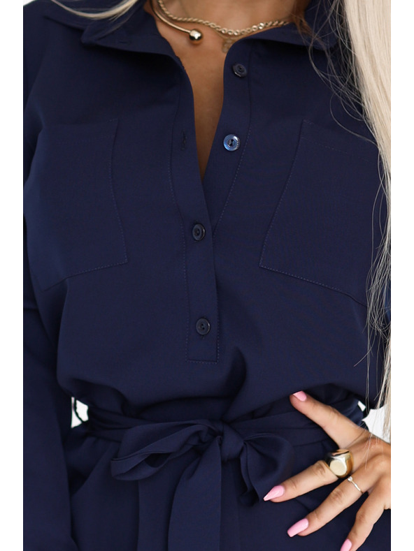 numoco Košilové šaty CAMILLE s kapsami a zavazováním - tmavě modré