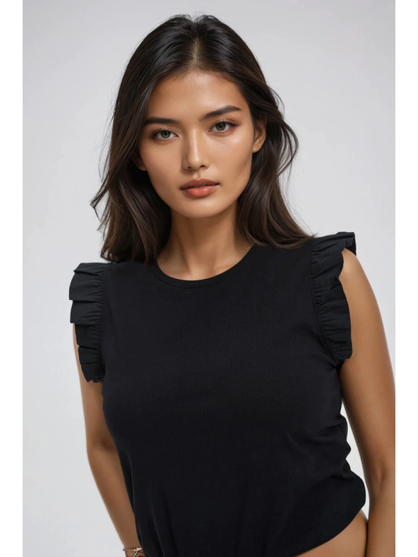 Moodo Dámské černé bavlněné tričko s volány