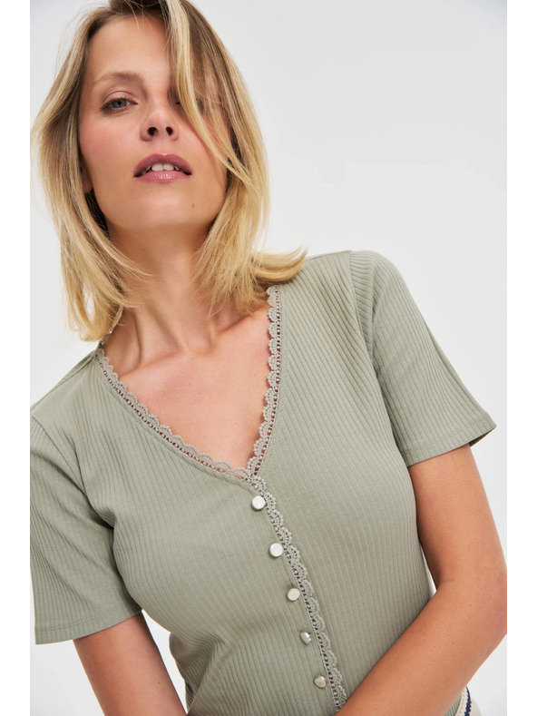 Moodo Dámské olivové tričko s knoflíčky