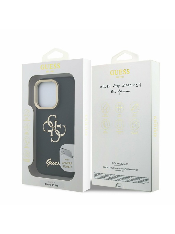 Guess Guess PU Grained 4G Logo Stand Camera Frame Zadní Kryt pro iPhone 15 Pro Black