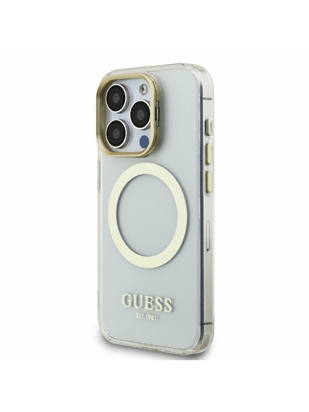 Guess Guess IML Gold Outline Stand Camera Frame MagSafe Zadní Kryt pro iPhone 15 Pro Max Transparent