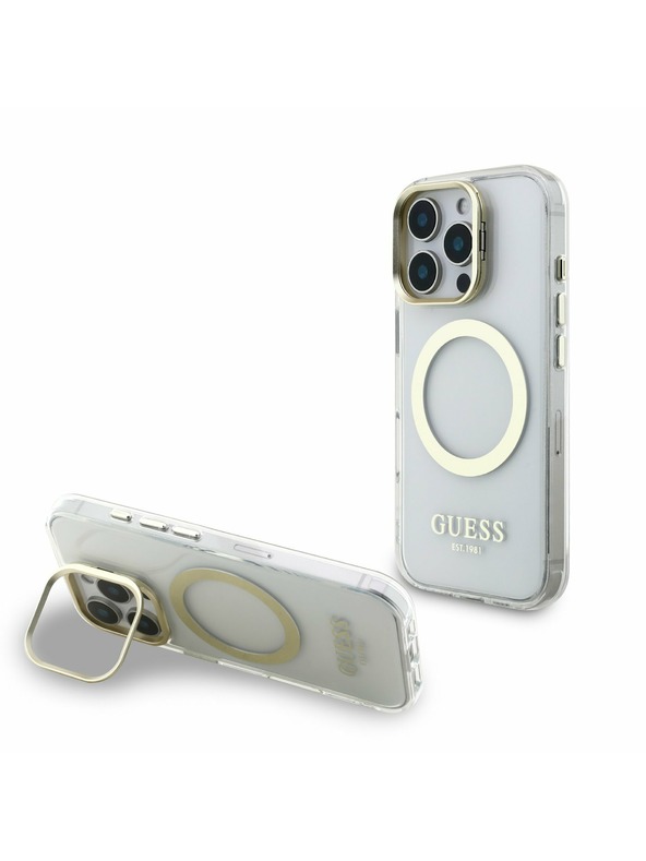 Guess Guess IML Gold Outline Stand Camera Frame MagSafe Zadní Kryt pro iPhone 16 Pro Max Transparent
