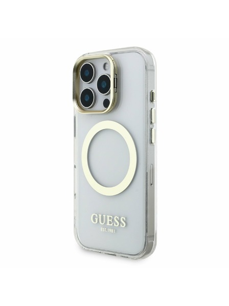 Guess Guess IML Gold Outline Stand Camera Frame MagSafe Zadní Kryt pro iPhone 16 Pro Max Transparent