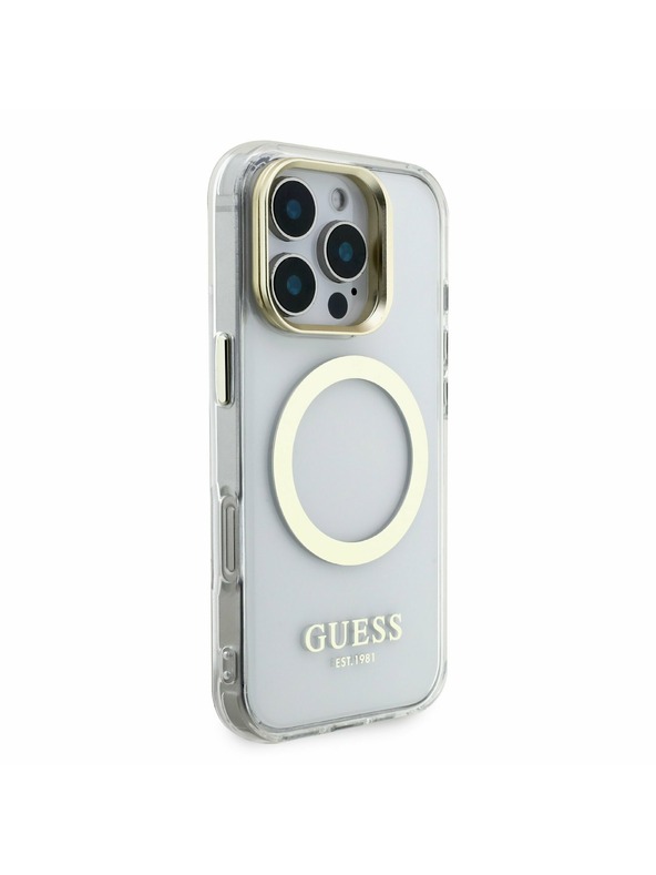 Guess Guess IML Gold Outline Stand Camera Frame MagSafe Zadní Kryt pro iPhone 16 Pro Max Transparent