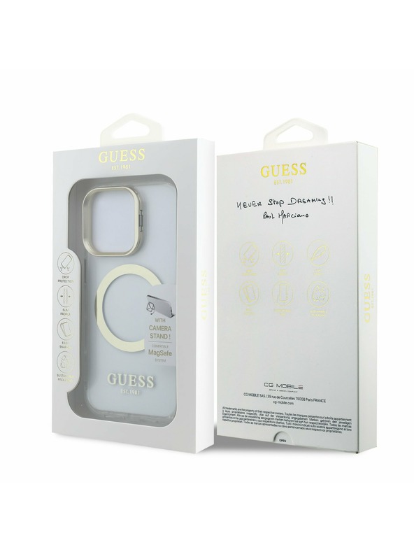 Guess Guess IML Gold Outline Stand Camera Frame MagSafe Zadní Kryt pro iPhone 16 Pro Max Transparent