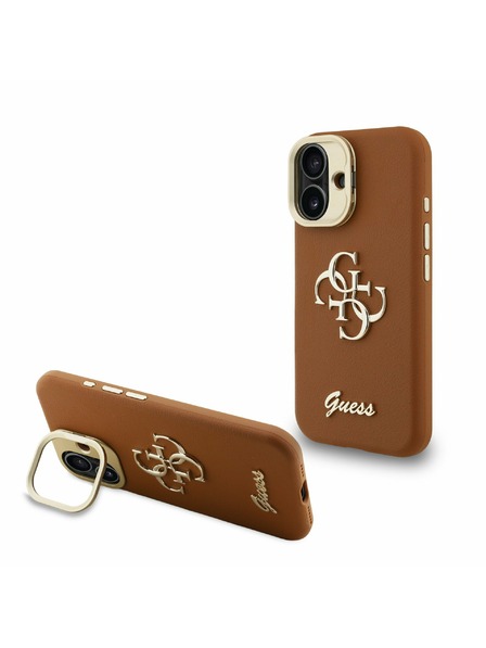 Guess Guess PU Grained 4G Logo Stand Camera Frame Zadní Kryt pro iPhone 16 Brown