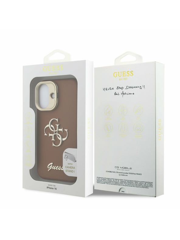 Guess Guess PU Grained 4G Logo Stand Camera Frame Zadní Kryt pro iPhone 16 Brown