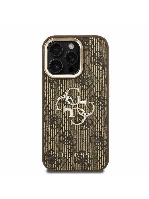 Guess Guess PU 4G Metal Logo Stand Camera Frame Zadní Kryt pro iPhone 15 Pro Max Brown