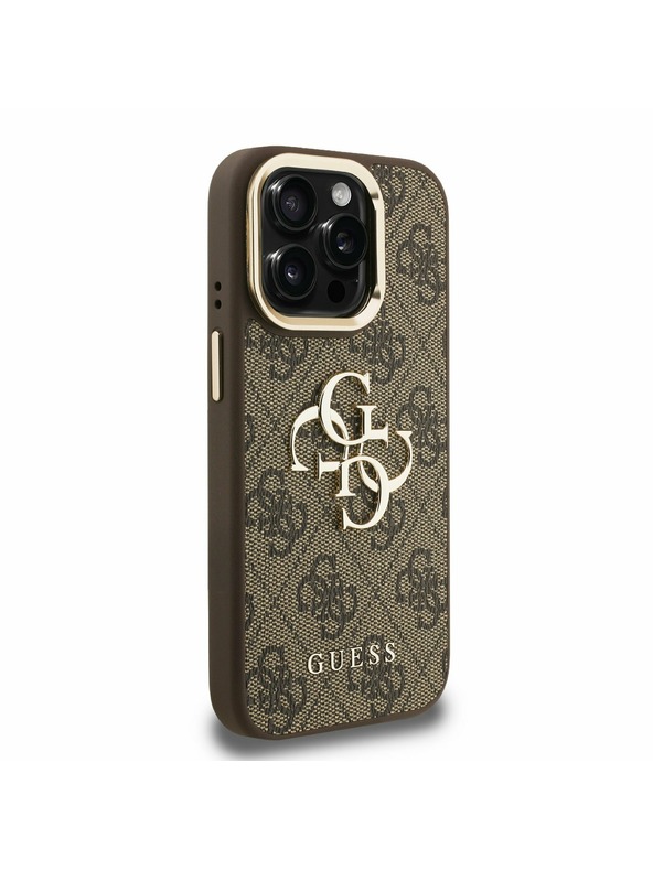 Guess Guess PU 4G Metal Logo Stand Camera Frame Zadní Kryt pro iPhone 15 Pro Max Brown
