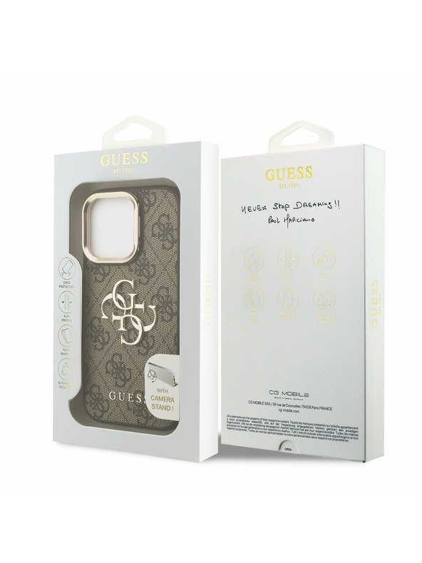 Guess Guess PU 4G Metal Logo Stand Camera Frame Zadní Kryt pro iPhone 15 Pro Max Brown