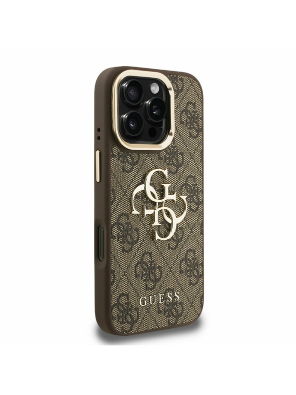 Guess Guess PU 4G Metal Logo Stand Camera Frame Zadní Kryt pro iPhone 16 Pro Brown