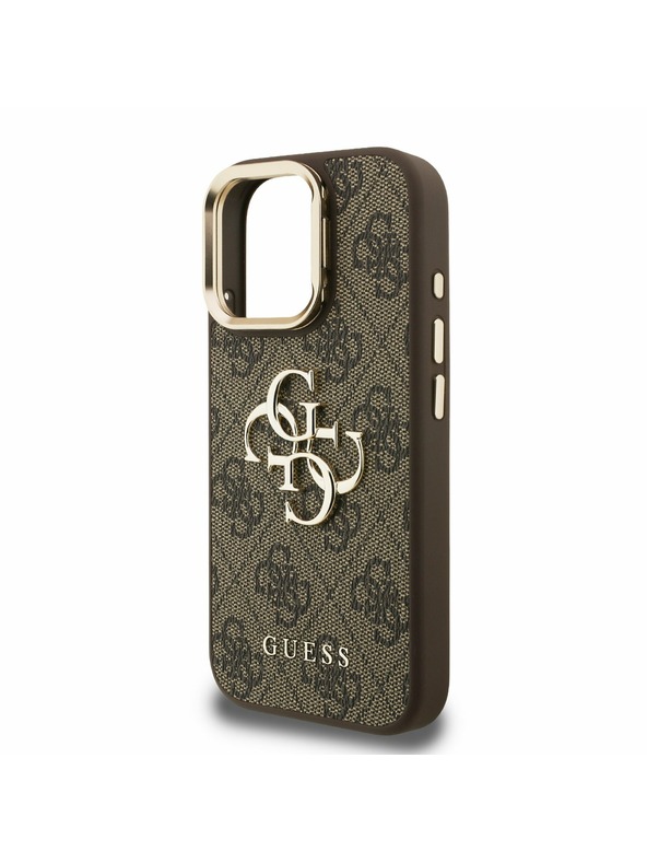 Guess Guess PU 4G Metal Logo Stand Camera Frame Zadní Kryt pro iPhone 16 Pro Brown