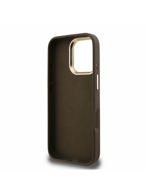 Guess Guess PU 4G Metal Logo Stand Camera Frame Zadní Kryt pro iPhone 16 Pro Brown