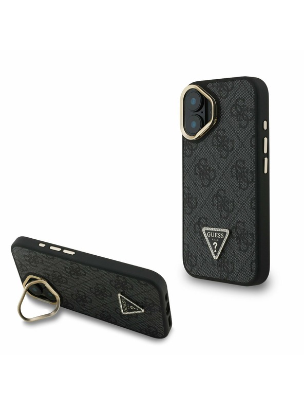 Guess Guess PU 4G Strass Triangle Logo Stand Camera Frame MagSafe Zadní Kryt pro iPhone 16 Black