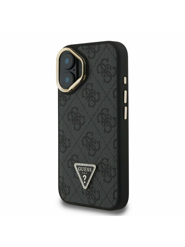 Guess Guess PU 4G Strass Triangle Logo Stand Camera Frame MagSafe Zadní Kryt pro iPhone 16 Black