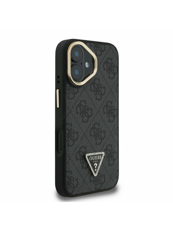 Guess Guess PU 4G Strass Triangle Logo Stand Camera Frame MagSafe Zadní Kryt pro iPhone 16 Black