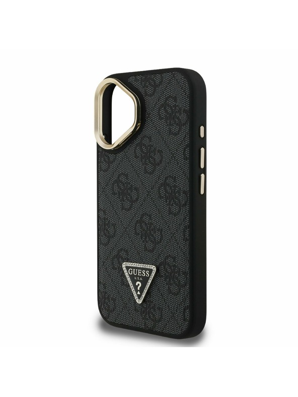 Guess Guess PU 4G Strass Triangle Logo Stand Camera Frame MagSafe Zadní Kryt pro iPhone 16 Black