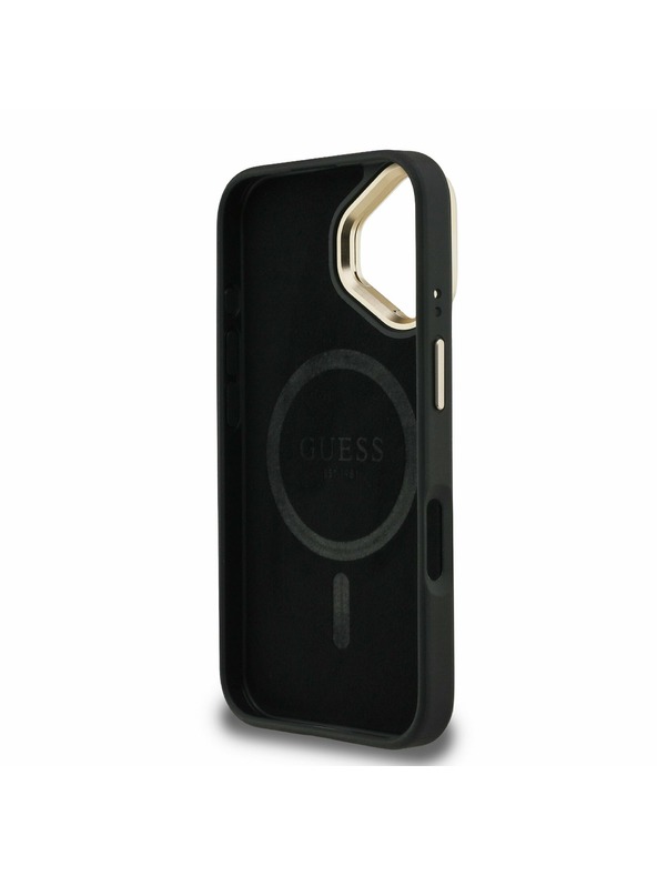 Guess Guess PU 4G Strass Triangle Logo Stand Camera Frame MagSafe Zadní Kryt pro iPhone 16 Black