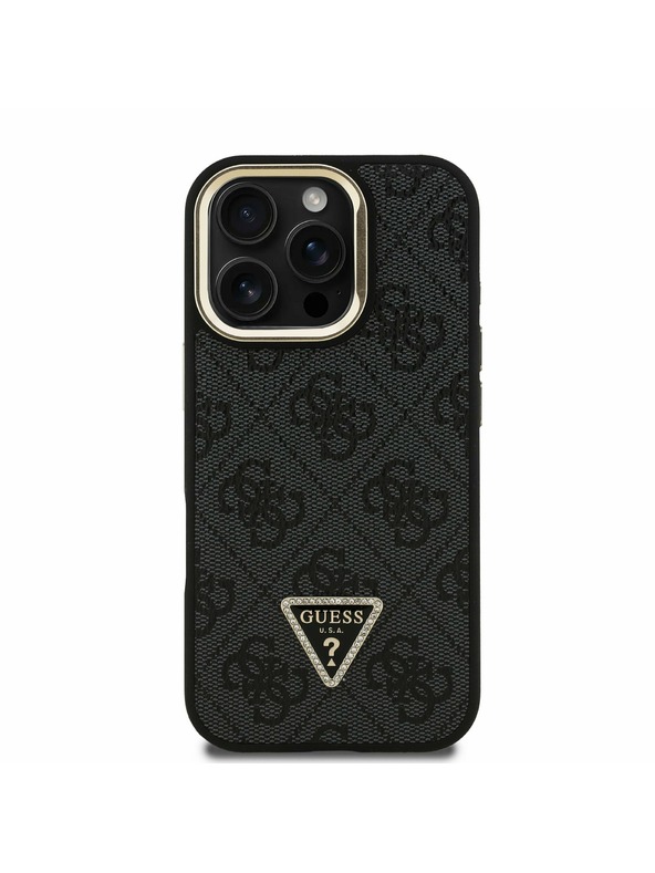 Guess Guess PU 4G Strass Triangle Logo Stand Camera Frame MagSafe Zadní Kryt pro iPhone 16 Pro Max Black