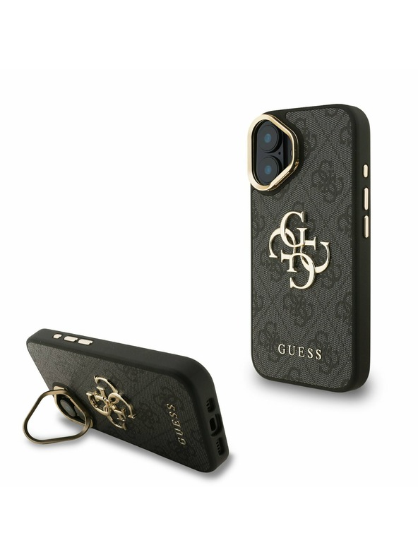 Guess Guess PU 4G Metal Logo Stand Camera Frame Zadní Kryt pro iPhone 16 Black