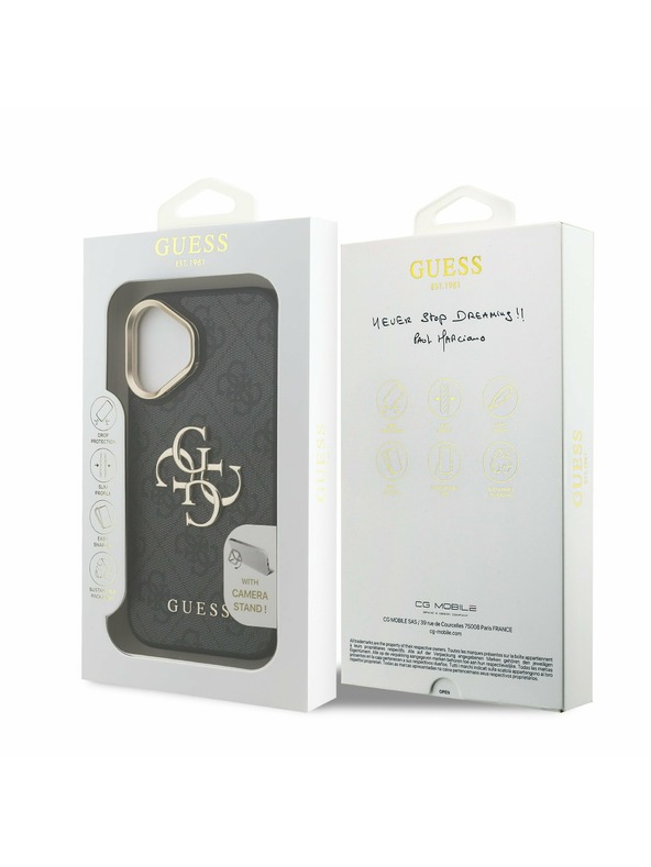 Guess Guess PU 4G Metal Logo Stand Camera Frame Zadní Kryt pro iPhone 16 Black