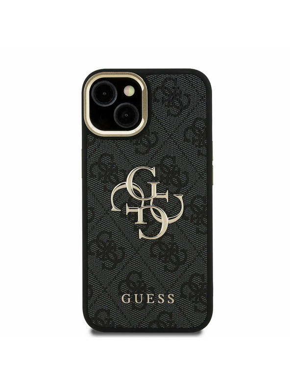 Guess Guess PU 4G Metal Logo Stand Camera Frame Zadní Kryt pro iPhone 15 Black