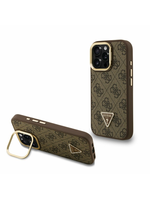 Guess Guess PU 4G Strass Triangle Logo Stand Camera Frame MagSafe Zadní Kryt pro iPhone 16 Pro Brown