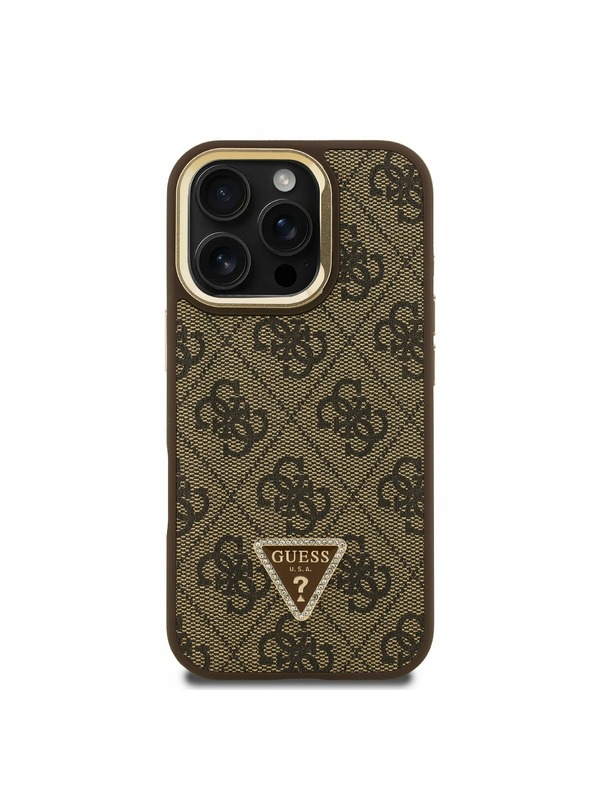 Guess Guess PU 4G Strass Triangle Logo Stand Camera Frame MagSafe Zadní Kryt pro iPhone 16 Pro Brown