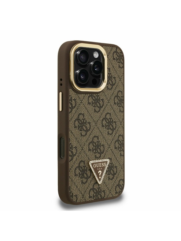 Guess Guess PU 4G Strass Triangle Logo Stand Camera Frame MagSafe Zadní Kryt pro iPhone 16 Pro Brown
