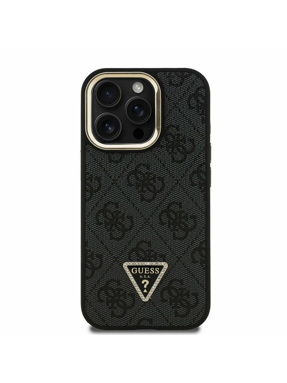 Guess Guess PU 4G Strass Triangle Logo Stand Camera Frame MagSafe Zadní Kryt pro iPhone 15 Pro Black