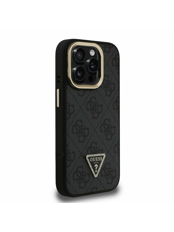 Guess Guess PU 4G Strass Triangle Logo Stand Camera Frame MagSafe Zadní Kryt pro iPhone 15 Pro Black