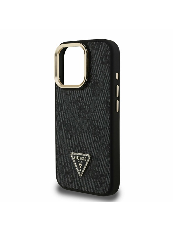 Guess Guess PU 4G Strass Triangle Logo Stand Camera Frame MagSafe Zadní Kryt pro iPhone 15 Pro Black